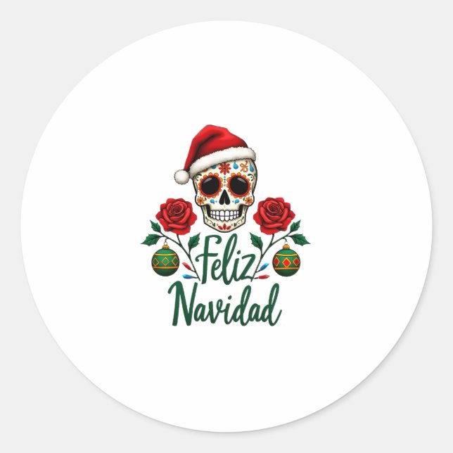 Sticker Rond Feliz Navidad Sugar Skull Mexican Christmas T-Shir (Devant)