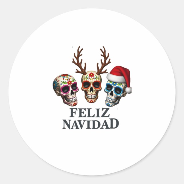 Sticker Rond Feliz Navidad Sugar Skulls Reindeer Santa Mexican  (Devant)