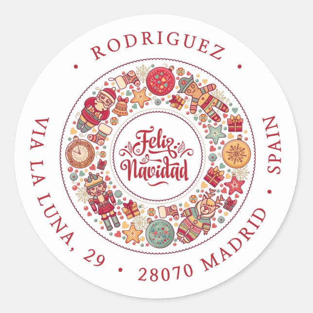 Sticker Rond Feliz Navidad Wreath Adresse de retour (Devant)