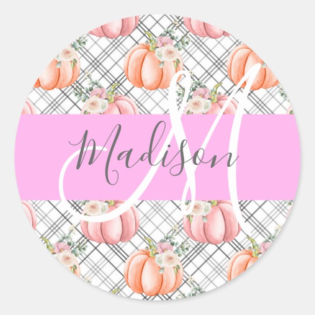 Sticker Rond Féminin Floral Gris Rose Pêche Citrouille Monogram (Devant)