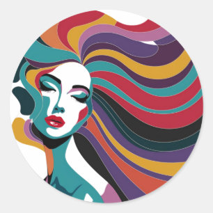 Sticker Rond Femme Abstraite colorée aux cheveux gonflables