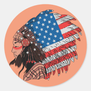 Sticker Rond Femme amérindienne avec coiffe