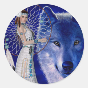 Sticker Rond Femme amérindienne et conception de loup bleu