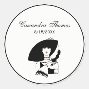 Sticker Rond Femme Art Déco au grand chapeau gants RL
