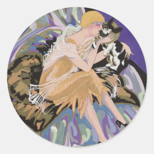 Sticker Rond Femme Art Déco Vintage avec Chat par S. Chompre
