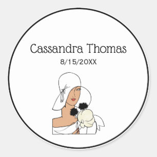 Sticker Rond Femme Art Déco Vintage avec Fleurs Portant un Chap