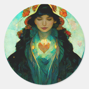 Sticker Rond Femme au coeur brillant Imaginaire Sci-Fi