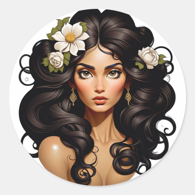 Sticker Rond Femme avec des fleurs dans les cheveux. (Devant)