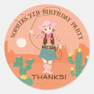 Sticker Rond Femme avec lasso et cactus Anniversaire de enfant