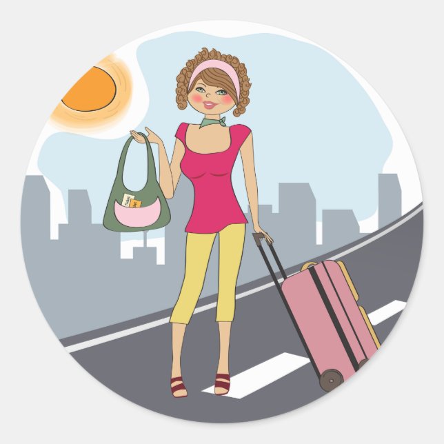 Sticker Rond Femme Avec Une Valise (Devant)