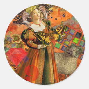 Sticker Rond Femme Bélier Orange : Collage d'art antique gothiq