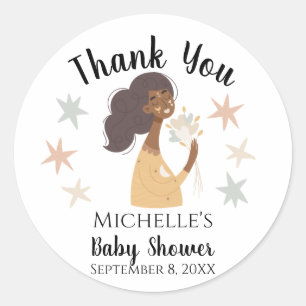 Sticker Rond Femme bohème à peau brune merci coeurs fleurs