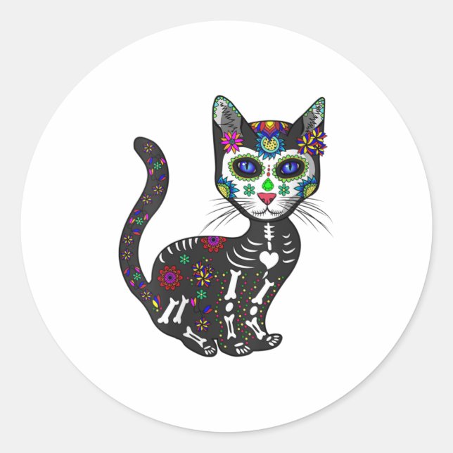 Sticker Rond Femme Craneo De Gato Sugar Crâne Chat Hallow (Devant)
