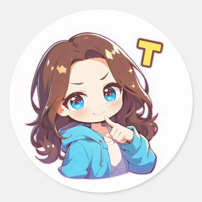 Sticker Rond Femme d'anime de la lettre T (Devant)