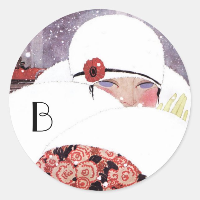 STICKER ROND FEMME DANS LA NEIGE, HIVER BEAUTY MODE MONOGRAM (Devant)