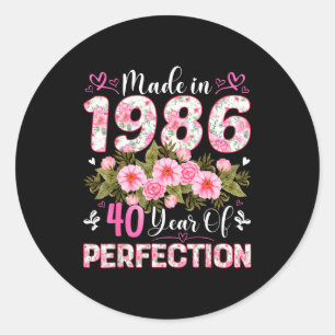 Sticker Rond Femme de 40 ans fabriquée en 1986 Fleurie 40e anni