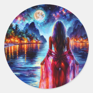Sticker Rond Femme de fantaisie tropicale au clair de lune au p