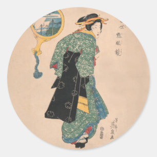 Sticker Rond Femme de kimono japonais antique Ukiyo-e gravure s