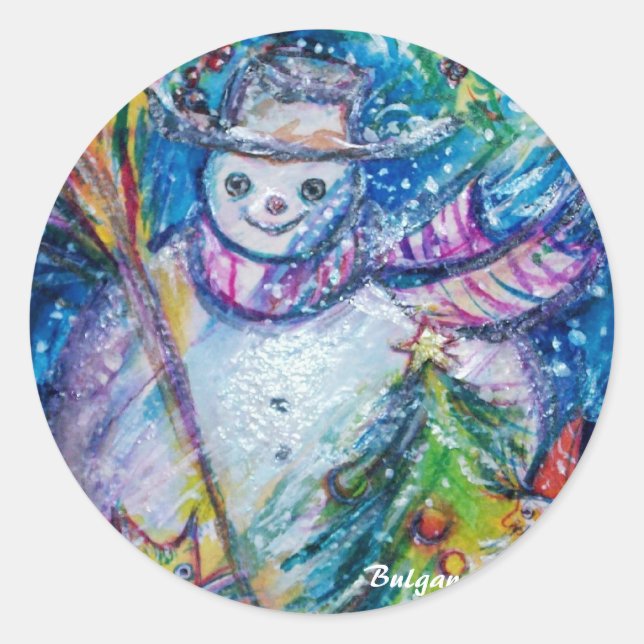 STICKER ROND FEMME DE NEIGE AVEC ARBRE DE NOËL ET JOUETS (Devant)