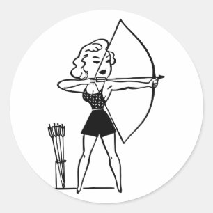 Sticker Rond Femme de tir à l'arc noir et blanc Vintage rétro