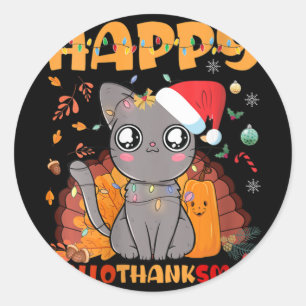 Sticker Rond Femme Drôle Chat Happy Hallothanksmas Halloween La