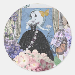 Sticker Rond Femme élégante bleue Robe florale fantaisie