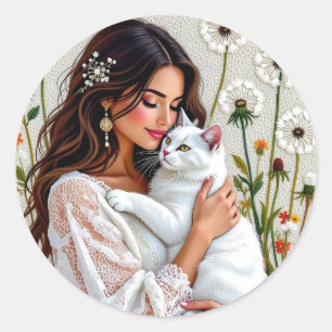Sticker Rond Femme et chat blanc et pissenlits 