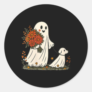 Sticker Rond Femme fantôme promenant son chien drôle et effraya