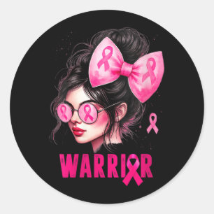 Sticker Rond Femme Guerrière Fille Mignonne Rose Cancer du Sein
