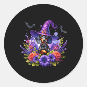Sticker Rond Femme Halloween Sorcière Dachshund Chien Noir
