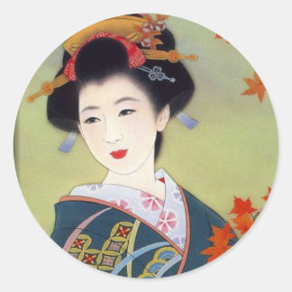 Sticker Rond Femme japonaise dans le kimono bleu