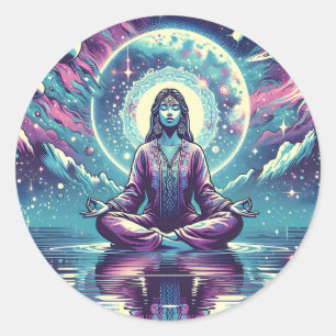 Sticker Rond Femme méditant art spirituel serein