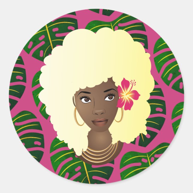 Sticker Rond Femme noire, Afro blonde, Feuilles tropicaux, Rose (Devant)