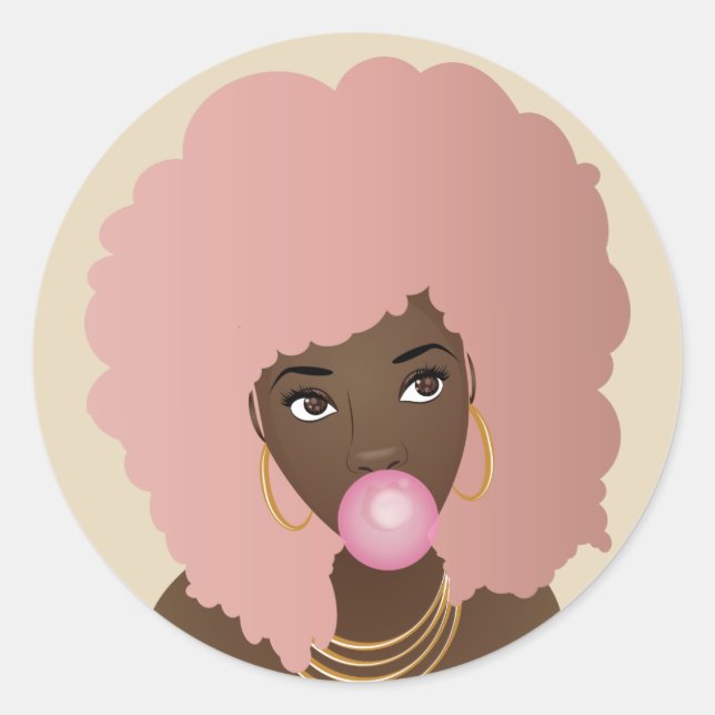Sticker Rond Femme noire, Afro rose, Bubblegum rose (Devant)