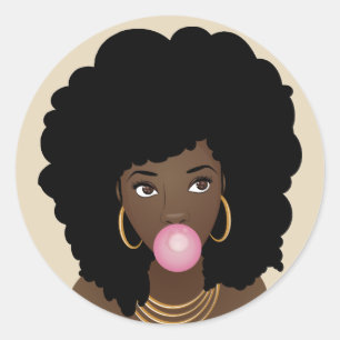 Sticker Rond Femme noire, Bubblegme rose, Cheveux naturels, Bei