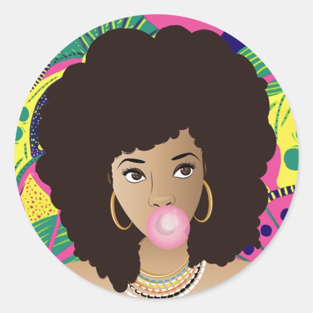 Sticker Rond Femme noire, Bubblegum rose, Colorée (Devant)
