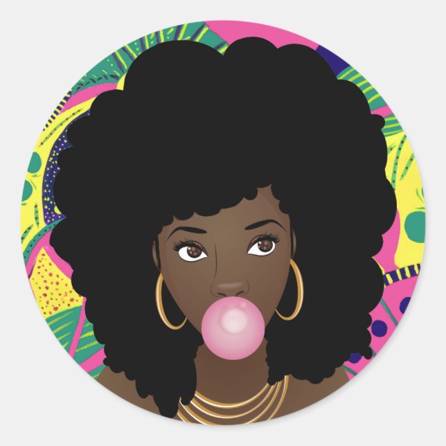 Sticker Rond Femme noire, Bubblegum rose, Colorée (Devant)
