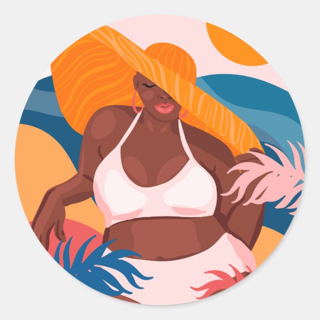 Sticker Rond Femme Noire Courbe, Plage Vacances Prêt (Devant)