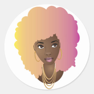 Sticker Rond Femme noire, Jaune coloré, Cheveux orange et rose