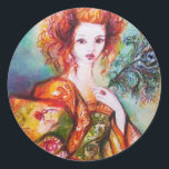 STICKER ROND FEMME ROMANTIQUE AVEC PÂTE DE PEACOCK ÉCLANTE<br><div class="desc">Peinture contemporaine originale aquarelle avec feuille d'or et couleurs irisées en vert clair, orange jaune, turquoise, turquase, blanc.Elégante, belle femme brune sophistiquée, rouge, vert brillant d'or tissus d'un costume baroque avec plumes paon.Peinture de Bulgan Lumini (c).Cette carte cool et artistique est parfaite pour les mariages, douches nuptiales, 16, fêtes d'anniversaire...</div>