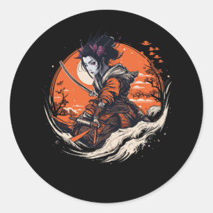 Sticker Rond Femme Samurai japonais Anime Otaku Vaporwave Japa