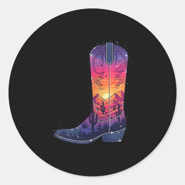 Sticker Rond Femme Sky Cowgirl Boot Desert Sunset Dreamers Boh (Devant)