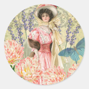 Sticker Rond Femme victorienne florale rose Régence