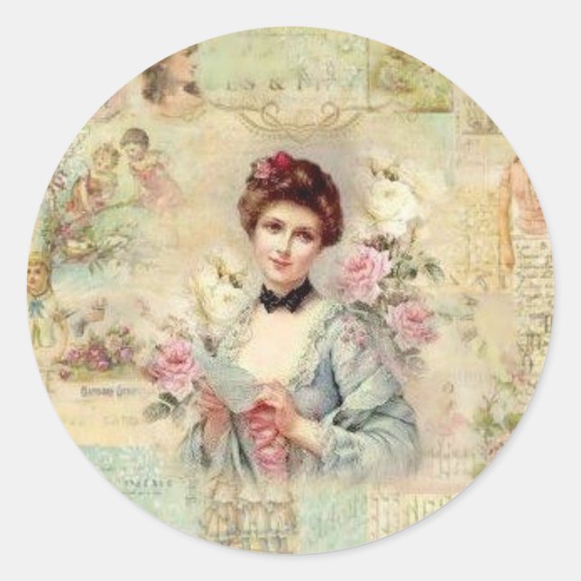 Sticker Rond Femme Victorienne Rétro Mignonne Avec Rose (Devant)