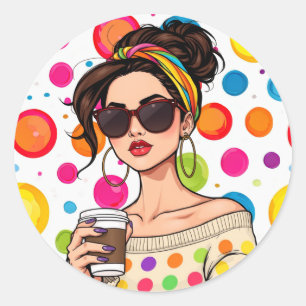 Sticker Rond Femmes dans LGBTQ Rainbow Bandana avec café