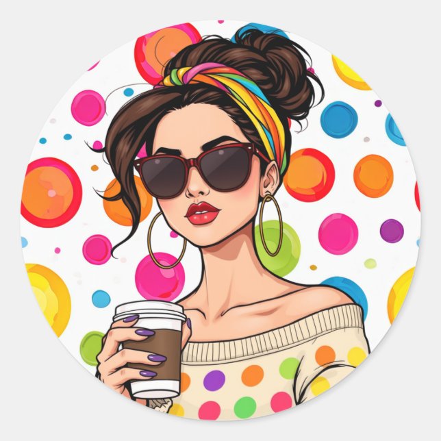Sticker Rond Femmes dans LGBTQ Rainbow Bandana avec café (Devant)