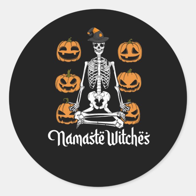 Sticker Rond Femmes en détresse Halloween Yoga Skeleton Namaste (Devant)