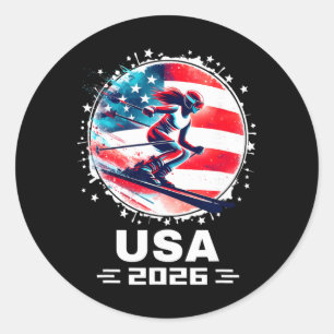 Sticker Rond Femmes États-Unis Drapeau Américain Ski Skiing Éta