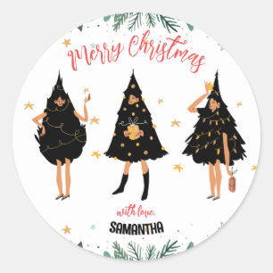 Sticker Rond Femmes habillées en sapin noir de Noël