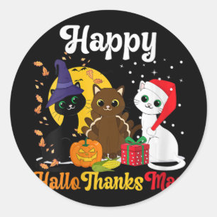 Sticker Rond Femmes joyeuses Hallothanksmas Chats Halloween Noë
